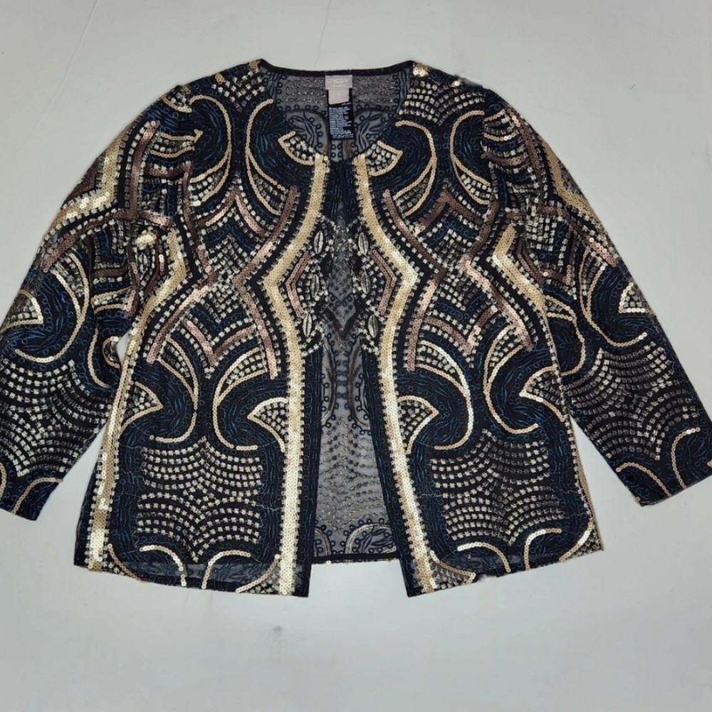 Chicos Travelers Elegant Black, Gold, Teal Sequin Patterned Jacket Sz 3 (16/18)